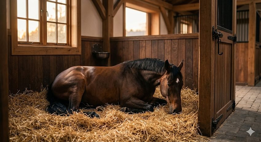 Cheval au repos dans un box propre et spacieux sur litière de paille